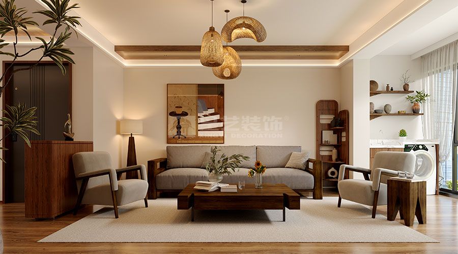 原木设计打造自然温馨家居，客厅餐厅装修效果图(图4)