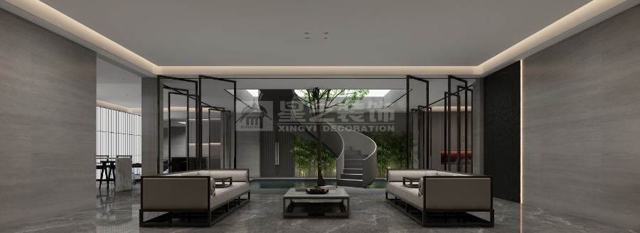 现代极简自然共生设计，灰白立面通透玻璃营造都市静谧栖居(图2)