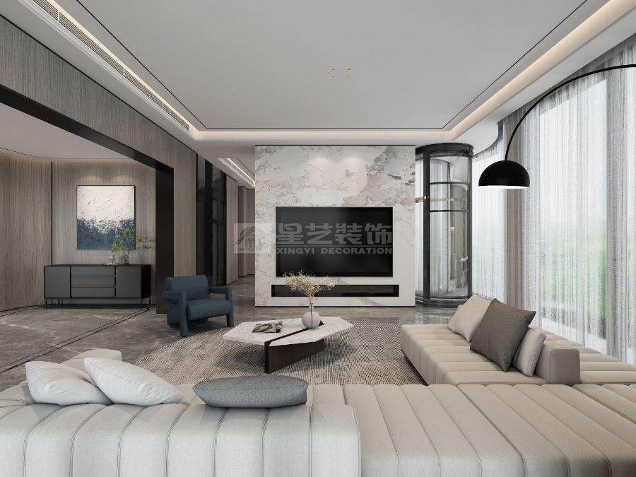 现代极简自然共生设计，灰白立面通透玻璃营造都市静谧栖居(图1)