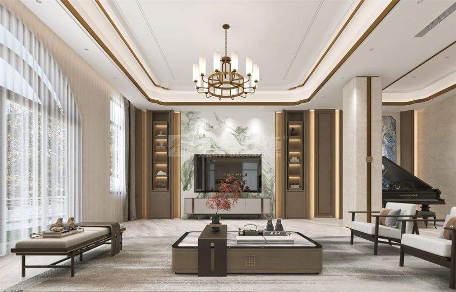 现代简约客厅设计，深邃配色营造精致生活秩序(图1)