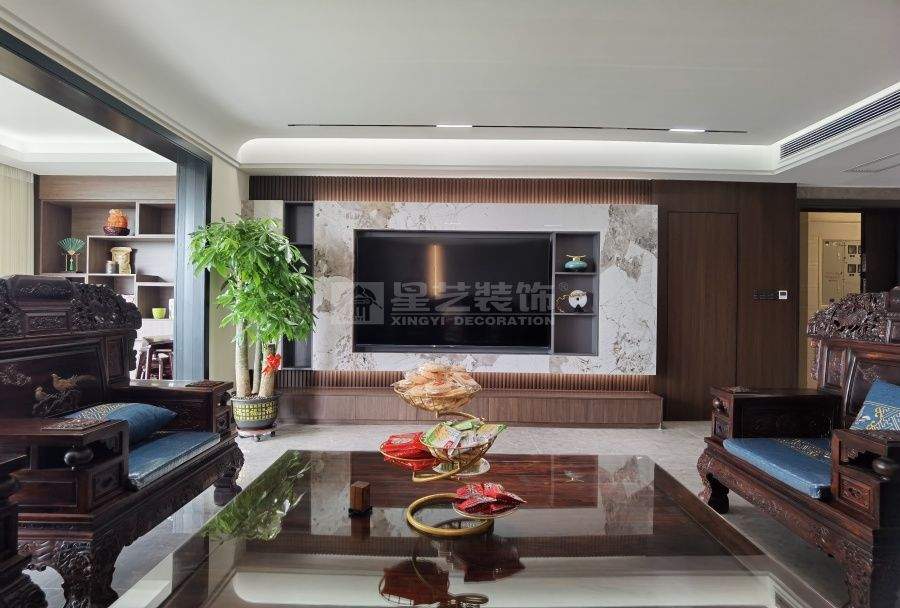 190㎡现代中式风格装修设计，滨江一号四室两厅新中式案例(图3)