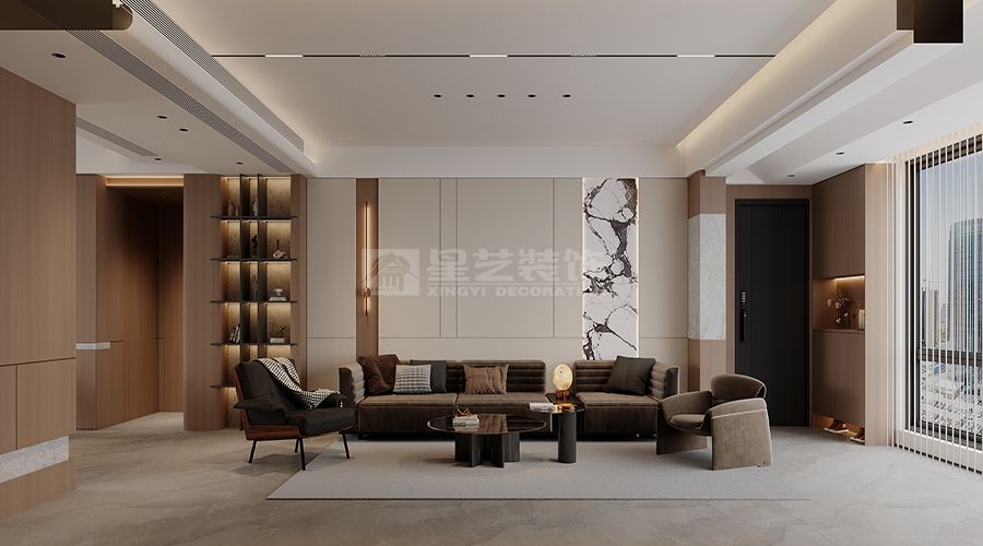 暖咖色意式轻奢大平层设计，木饰面石材打造品质家居空间(图2)