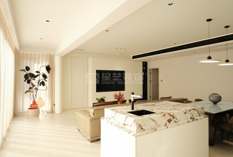 130㎡现代简约三室两厅改造设计，开放式厨房配独立衣帽间(图3)