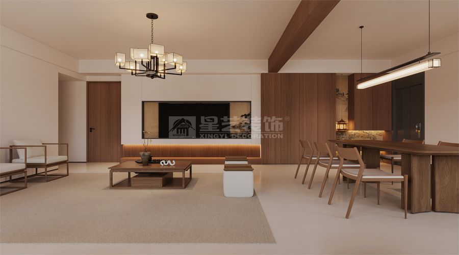 新中式风格大横厅设计，推拉门分隔独立书房的现代家居方案(图1)