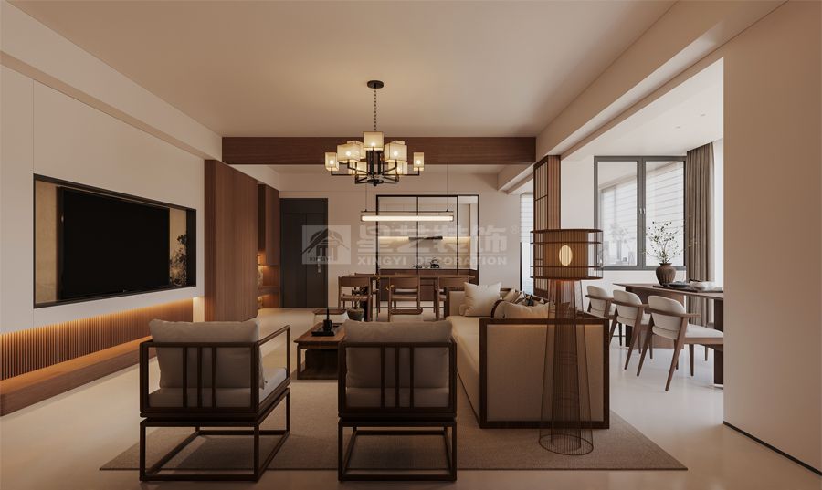 新中式风格大横厅设计，推拉门分隔独立书房的现代家居方案(图2)