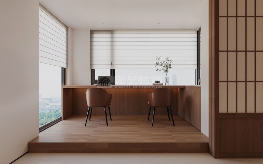 新中式风格大横厅设计，推拉门分隔独立书房的现代家居方案(图9)