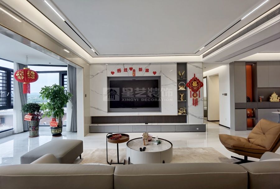 200㎡精装房改造现代极简风，70㎡客厅中西双厨设计方案(图1)