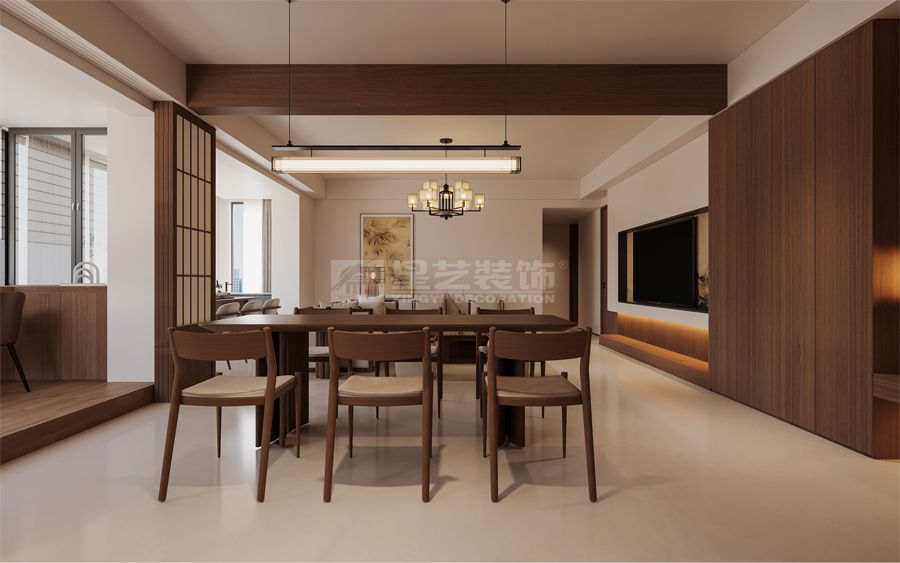 新中式风格大横厅设计，推拉门分隔独立书房的现代家居方案(图3)