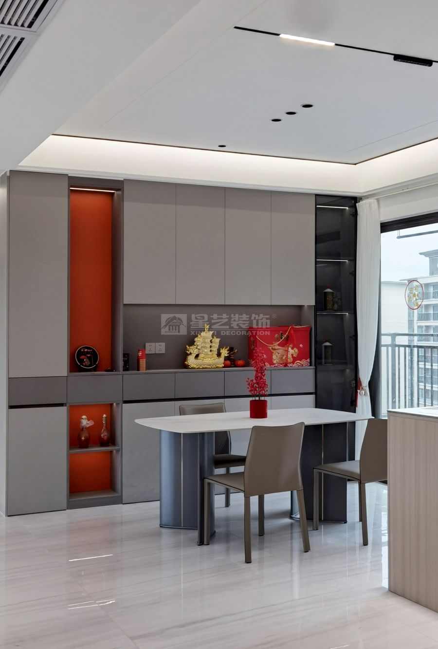 200㎡精装房改造现代极简风，70㎡客厅中西双厨设计方案(图5)